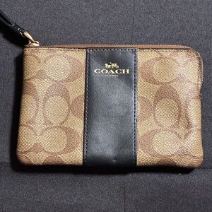Coach Signature C Wristlet Brown Khaki Monogram Black Leather Trim Zip Pouch
